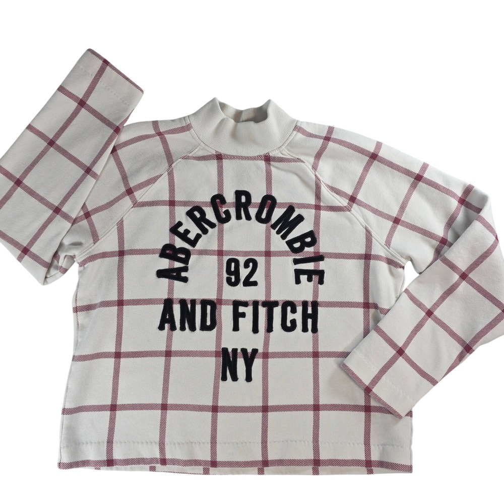 Abercrombie & Fitch Vintage Plaid Mock Neck Sweatshirt Cream Medium Womens‎